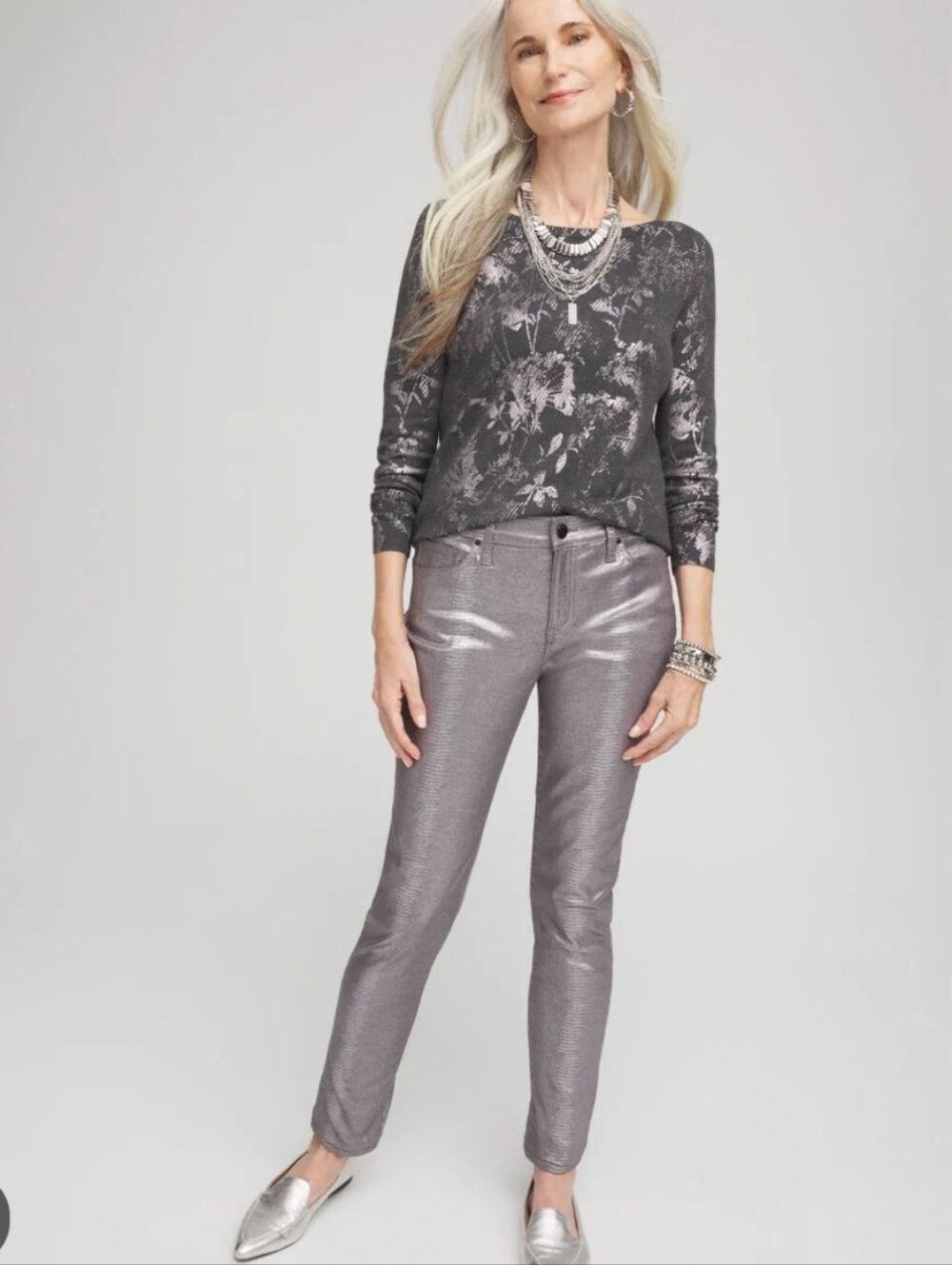 Chico's So Slimming Silver Coated Alligator Pants - Size 3 (XL or 14-16)